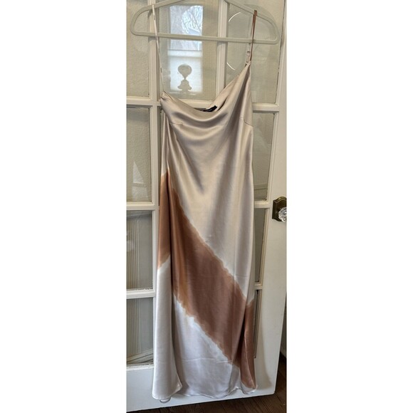 One Shoulder Satin Midi Dress Women's M Beige Brown Side Zip - Picture 1 of 10